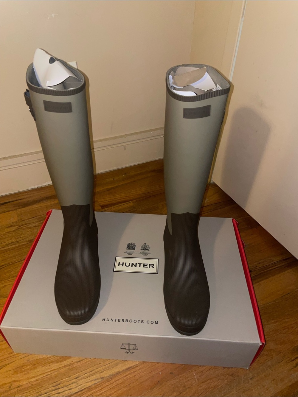 Hunter Tall Rain Boots in Olive and Dark Brown